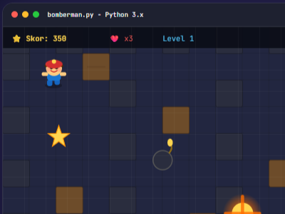 Game Bomberman 2D ini dapat dibuat menggunakan Python dan Pygame oleh siswa level intermediate di Aruna Digital.